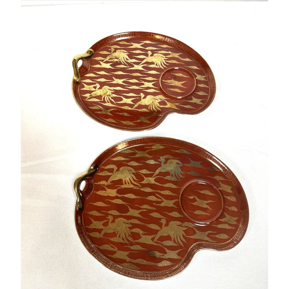 Japanese Hand Painted Kutani Yaki Plates Red W/ Gold Cranes Porcelain China